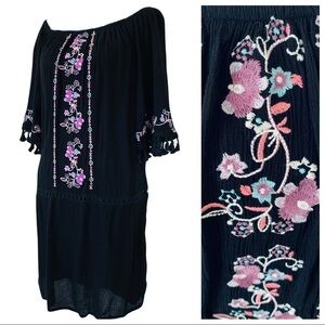 Love, Fire Black Embroidered Fringe Off The Shoulder Dress  Size Small